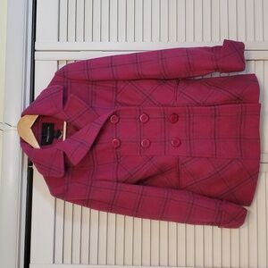 Moda International Pink Magenta Plaid Wool Peacoat Coat, Size Small